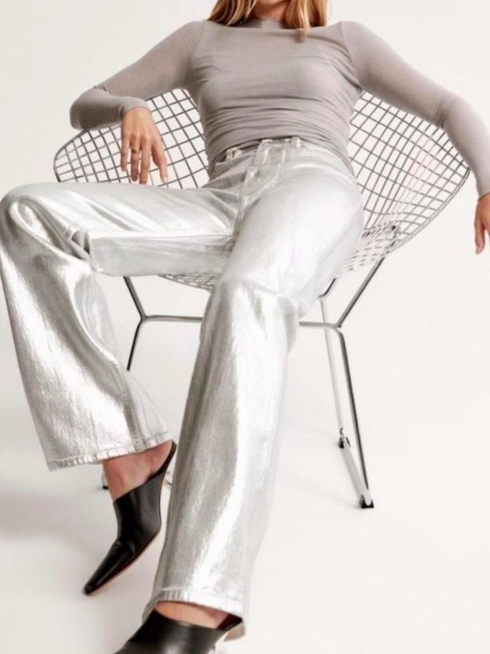 NWT; Abercrombie & Fitch high-rise 90s relaxed jeans featuring a metallic silver
